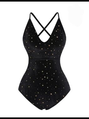 NWOT - Retro Stage Black 1960s Velvet Back Cross Straps Swimsuit - L